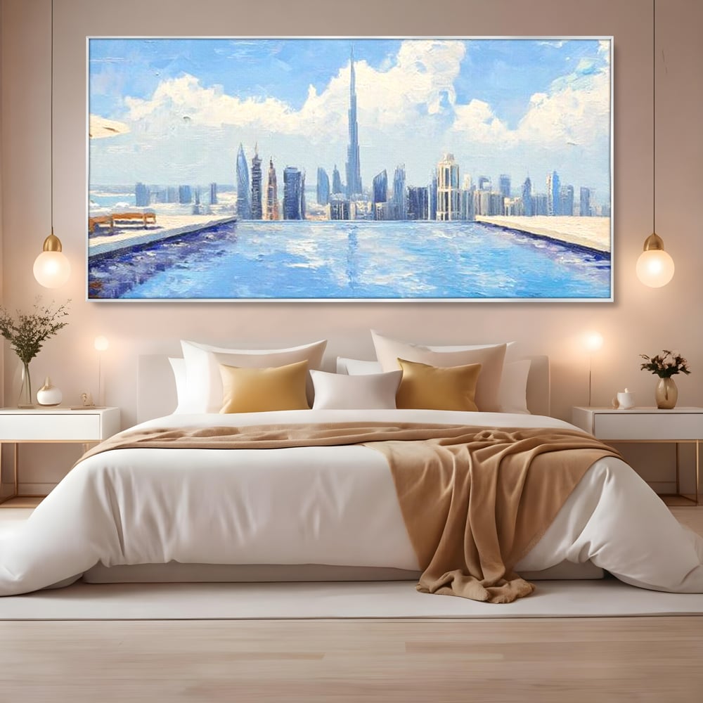 Tablou canvas cu tablou canvas cu peisaj urban din dubai, in rama de aluminiu argintiu, pe perete intr-un dormitor